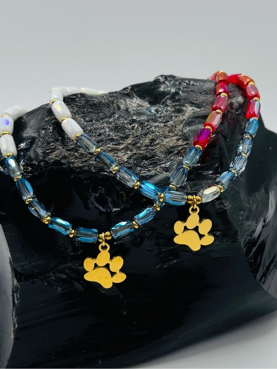 Jewelry - *ANKLET* S.Steel Gold Paw Print & AB Red White Blue Glass Stretchy Anklet